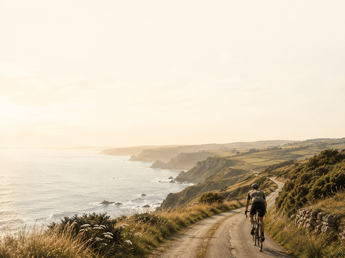 Cyclist on a golden coastal road