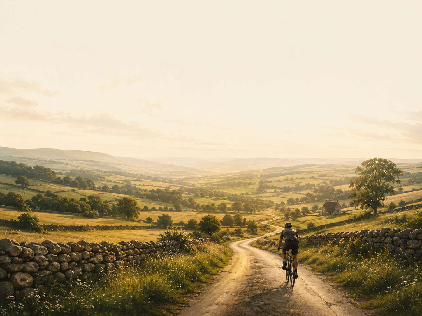 Sunlit golden valley with cyclist